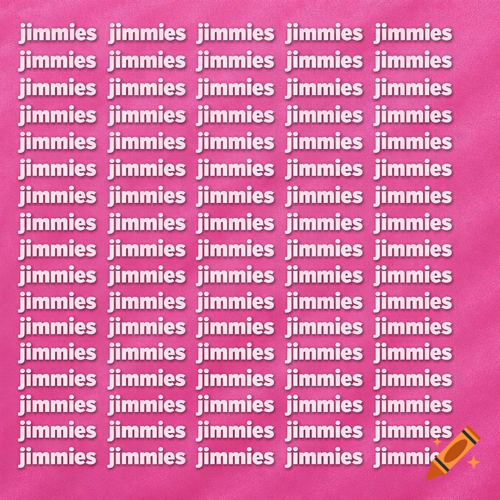 The word jimmies repeated in white font across a vibrant pink background, forming a pattern.