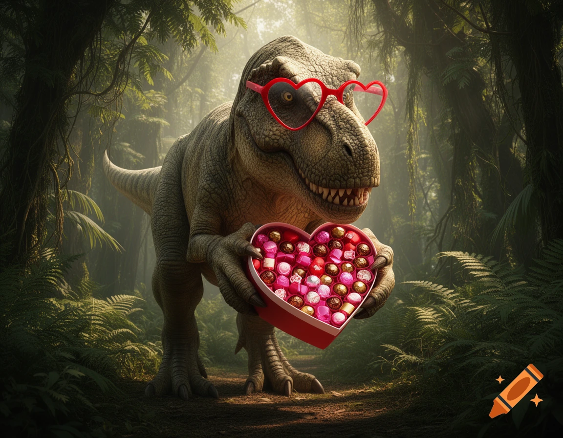 Photorealistic T-Rex wearing red heart glasses, holding a heart-shaped box of chocolates in a lush jungle.