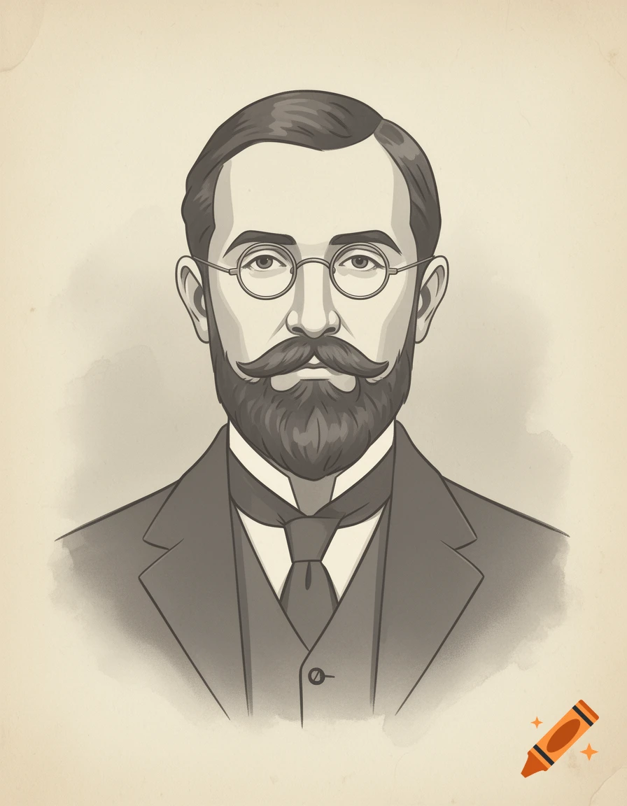 Stylized illustration of a historical man with glasses, a prominent mustache, and a beard, wearing a suit and tie.