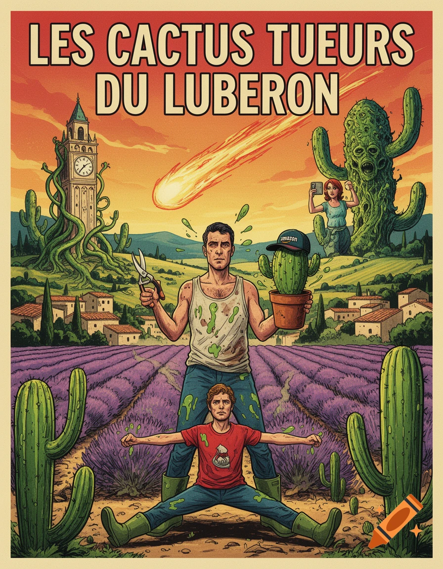 A retro-style movie poster titled 'LES CACTUS TUEURS DU LUBERON' showing a man with shears, a boy doing splits, giant cacti, a meteor, and a woman taking a selfie with a monstrous cactus in a lavender field.