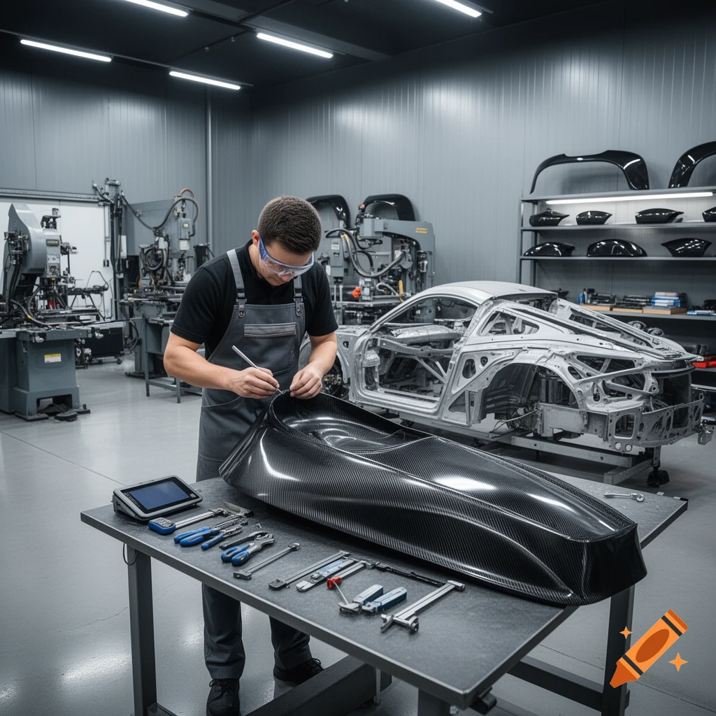 A man in safety glasses works on a carbon fiber car part in an automotive workshop with a car chassis and tools nearby.