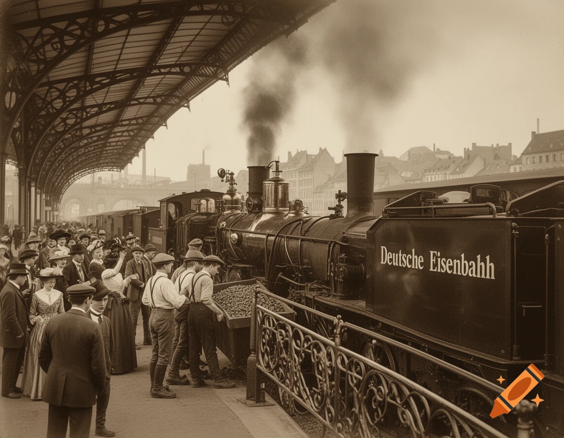 Sepia-toned vintage photo of a steam train at a crowded German railway station during industrialization, with people in period attire.