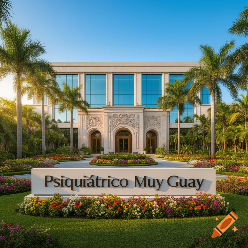 A grand, ornate building with blue windows, intricate facade, lush flower beds, palm trees, and a sign reading 'Psiquiátrico Muy Guay'.