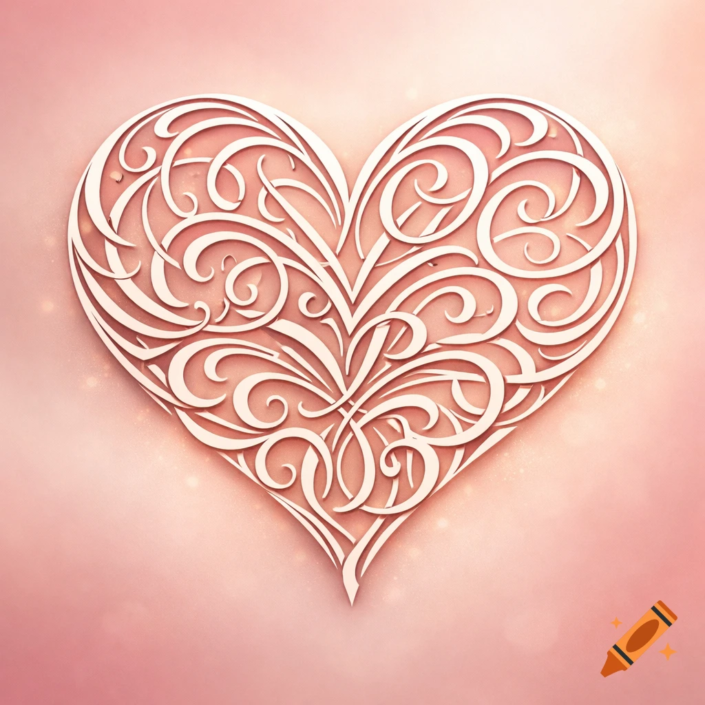 A decorative white heart filled with intricate swirls and flourishes, set against a soft pink background.