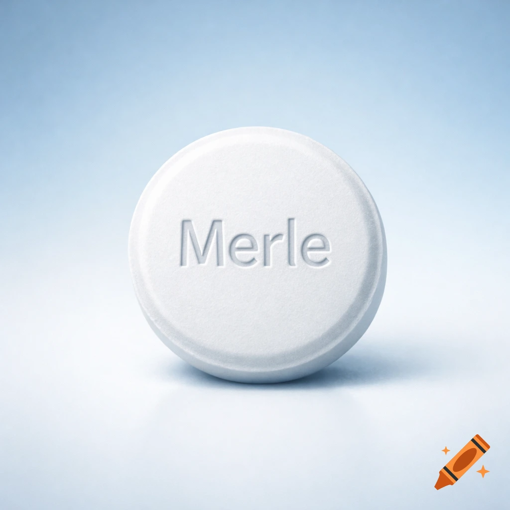 A white, round tablet with the word "Merle" embossed on its surface, against a light blue background.