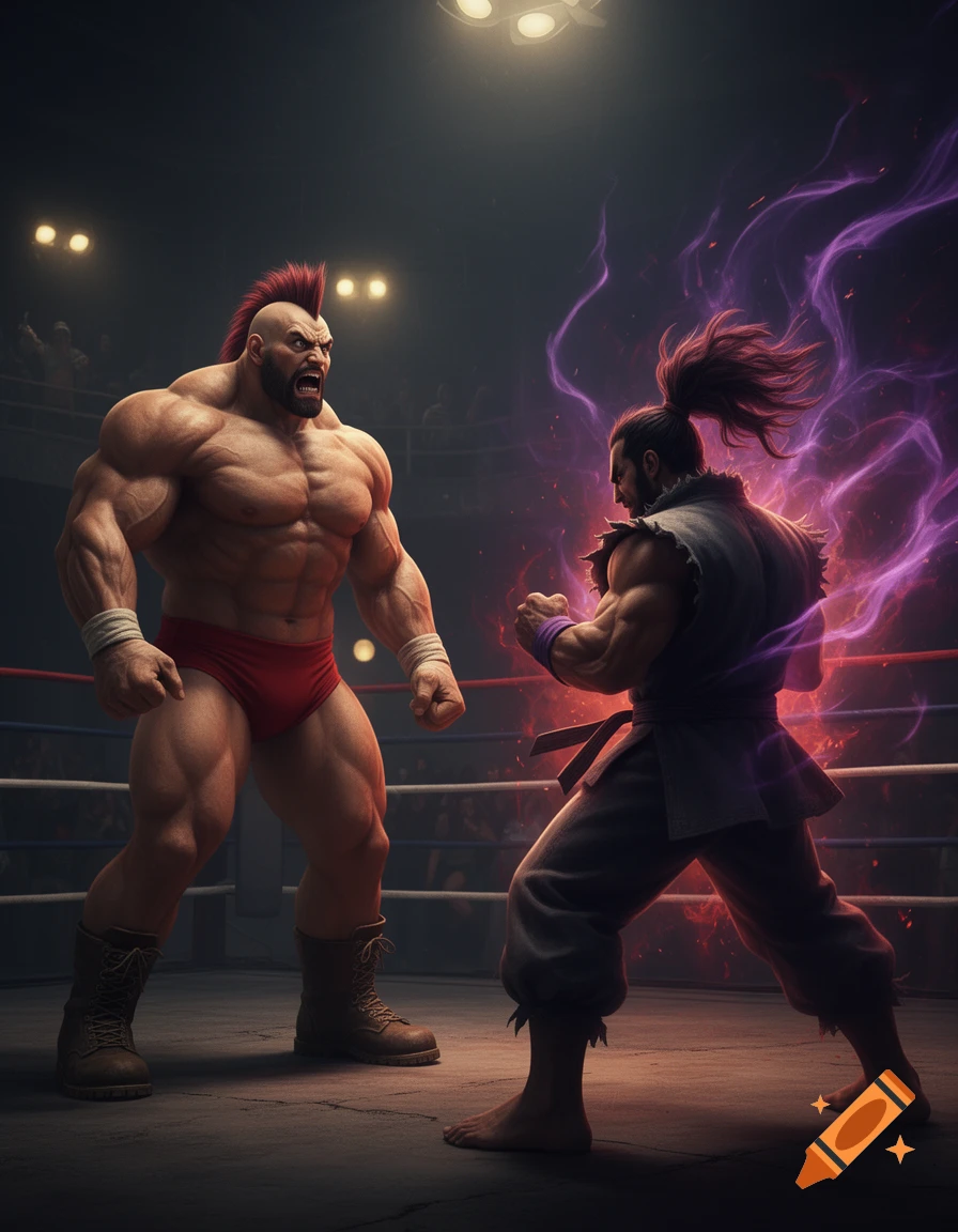Muscular Zangief in red trunks yelling at Akuma in a dark gi with purple energy, in a wrestling ring.