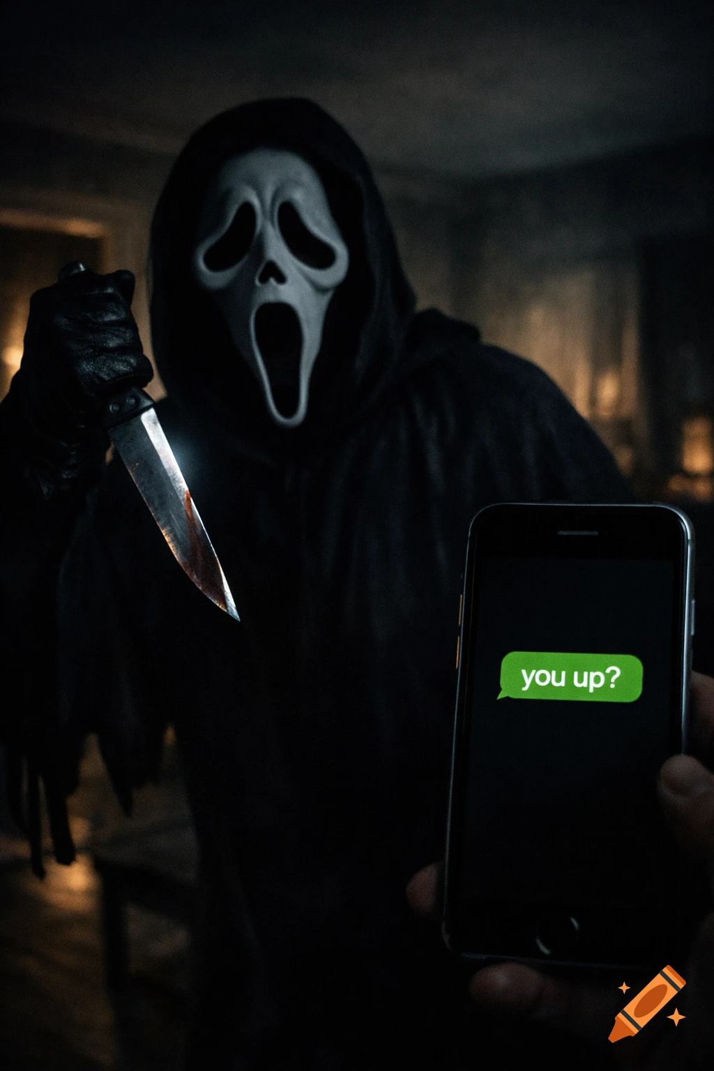 Ghostface in a dark room holds a bloody knife, looking at a smartphone displaying a 'you up?' text message.
