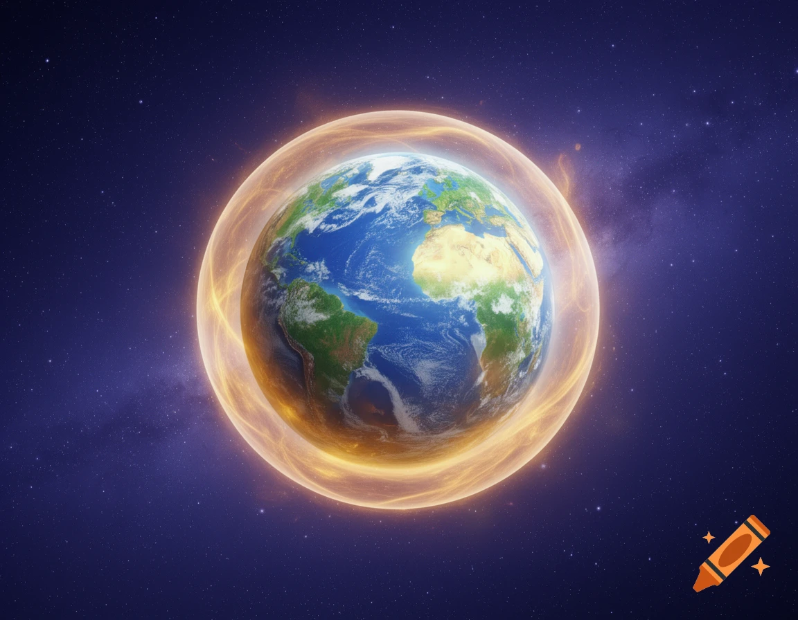 A detailed illustration of Earth from space, surrounded by a swirling, glowing orange energy field against a starfield.