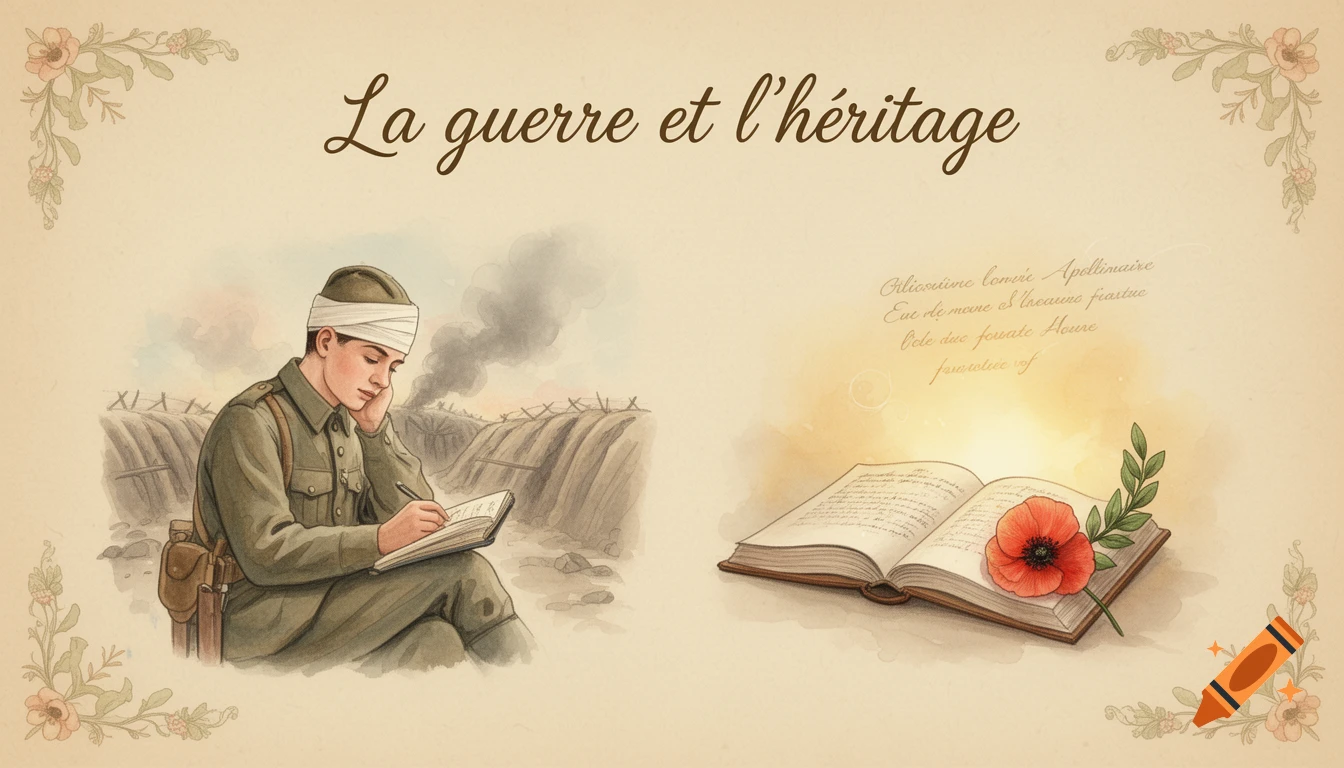 A vintage watercolor illustration showing a bandaged WWI soldier writing in a trench on the left, and an open book with a poppy on the right, under the title "La guerre et l’héritage"