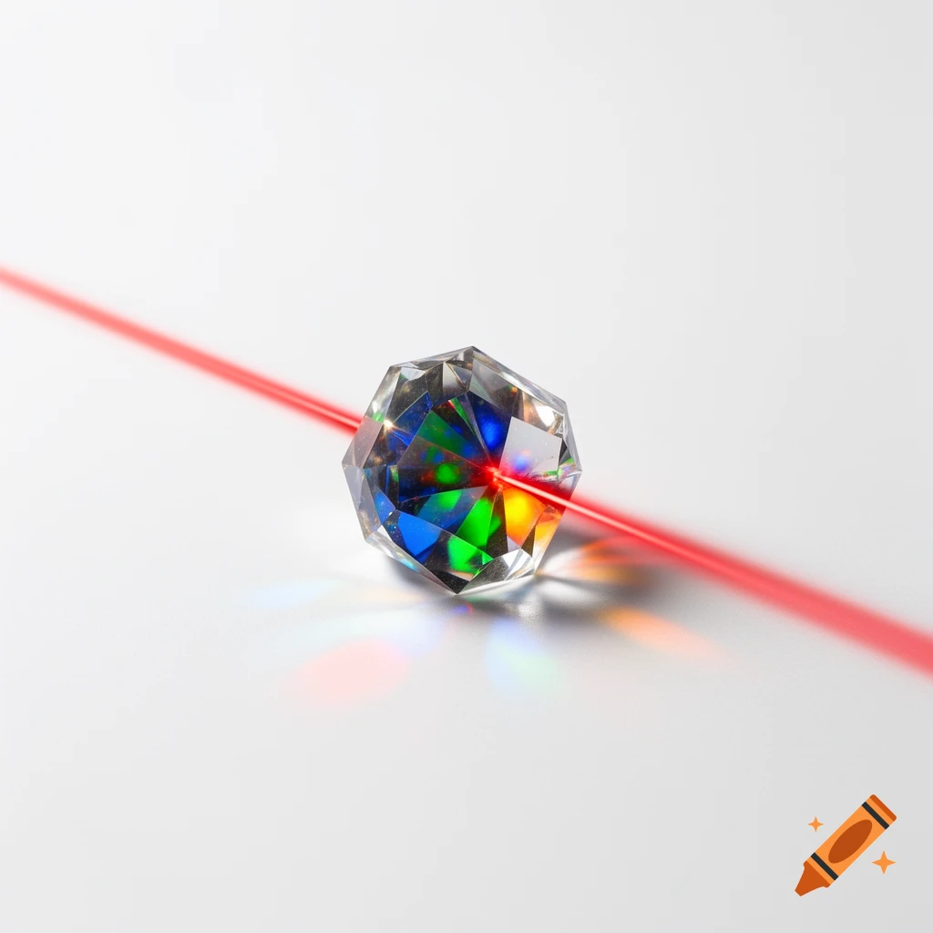 A faceted crystal refracts a red laser beam, casting colorful light onto a white background.