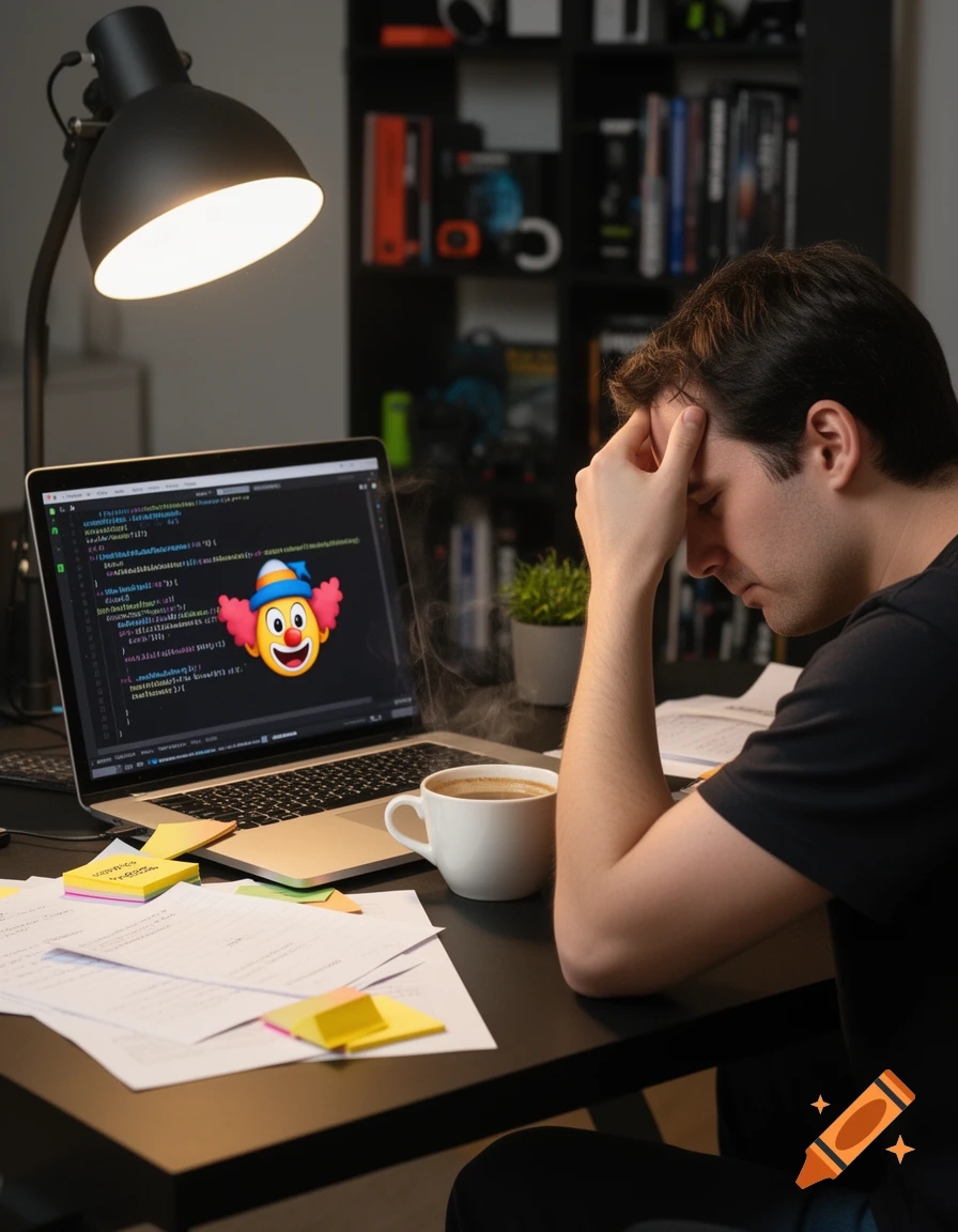 A man holds his head in frustration while looking at his laptop displaying code and a clown emoji, surrounded by papers and coffee on a desk.