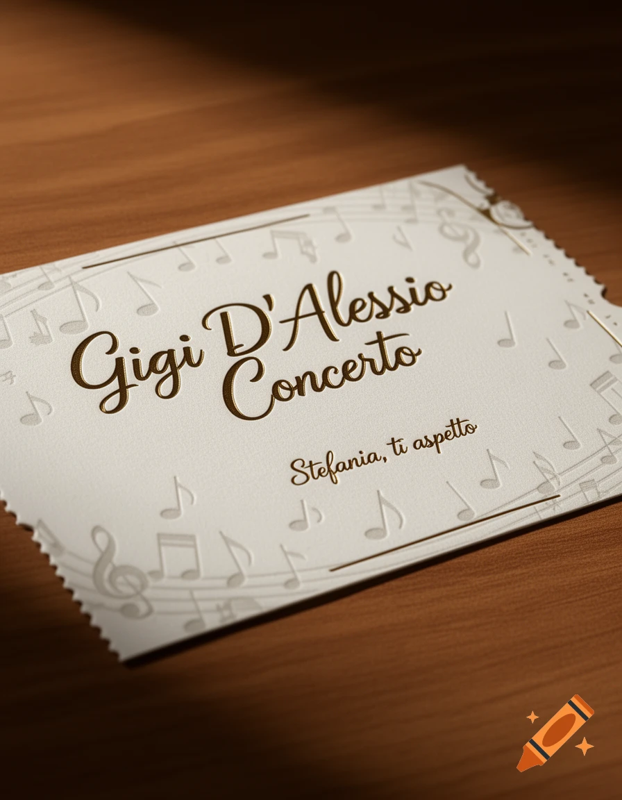 A photorealistic concert invitation ticket for "Gigi D'Alessio Concerto" with the message "Stefania, ti aspetto" on a wooden surface.