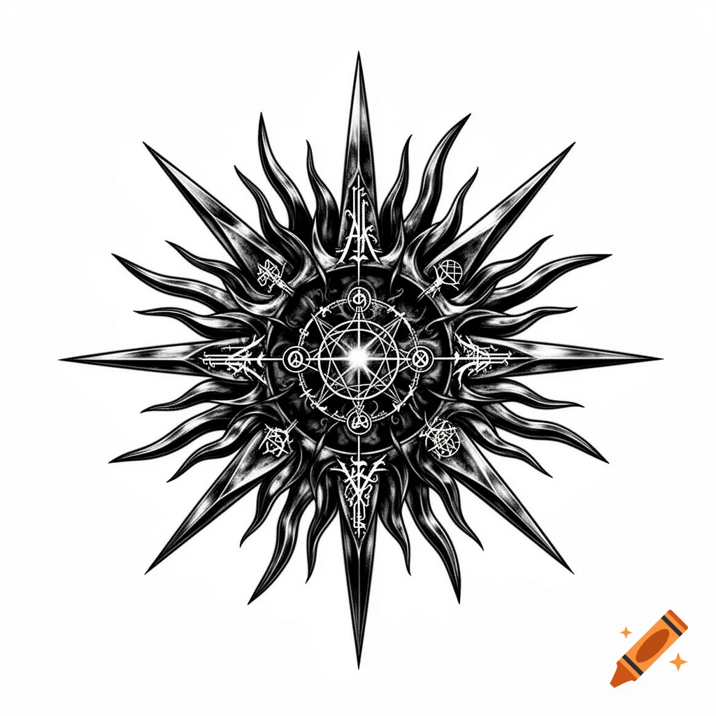 A black and white, highly intricate tattoo design of a dark sun with sharp, blade-like rays, incorporating occult and heavy metal symbolism.
