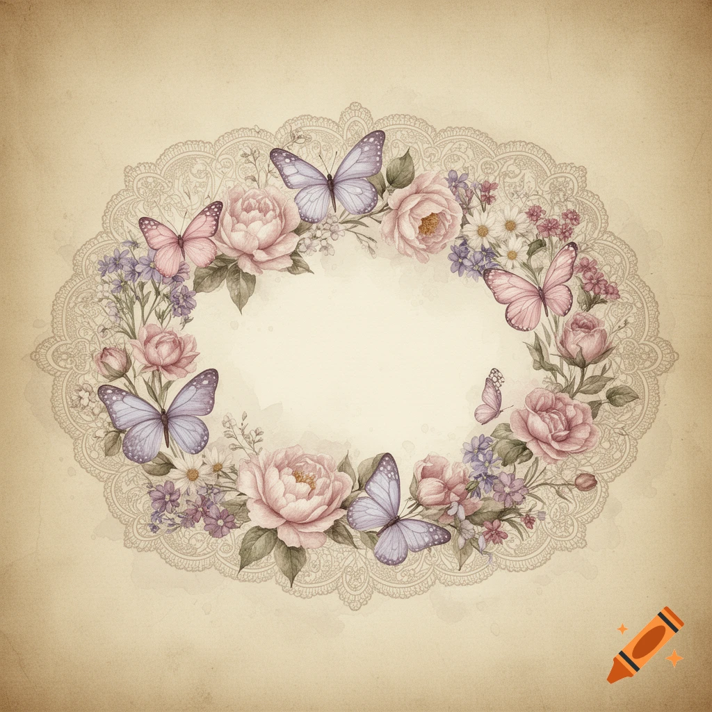 Vintage watercolor illustration of an oval floral wreath with pink roses, purple flowers, and butterflies on aged paper with a lace border.