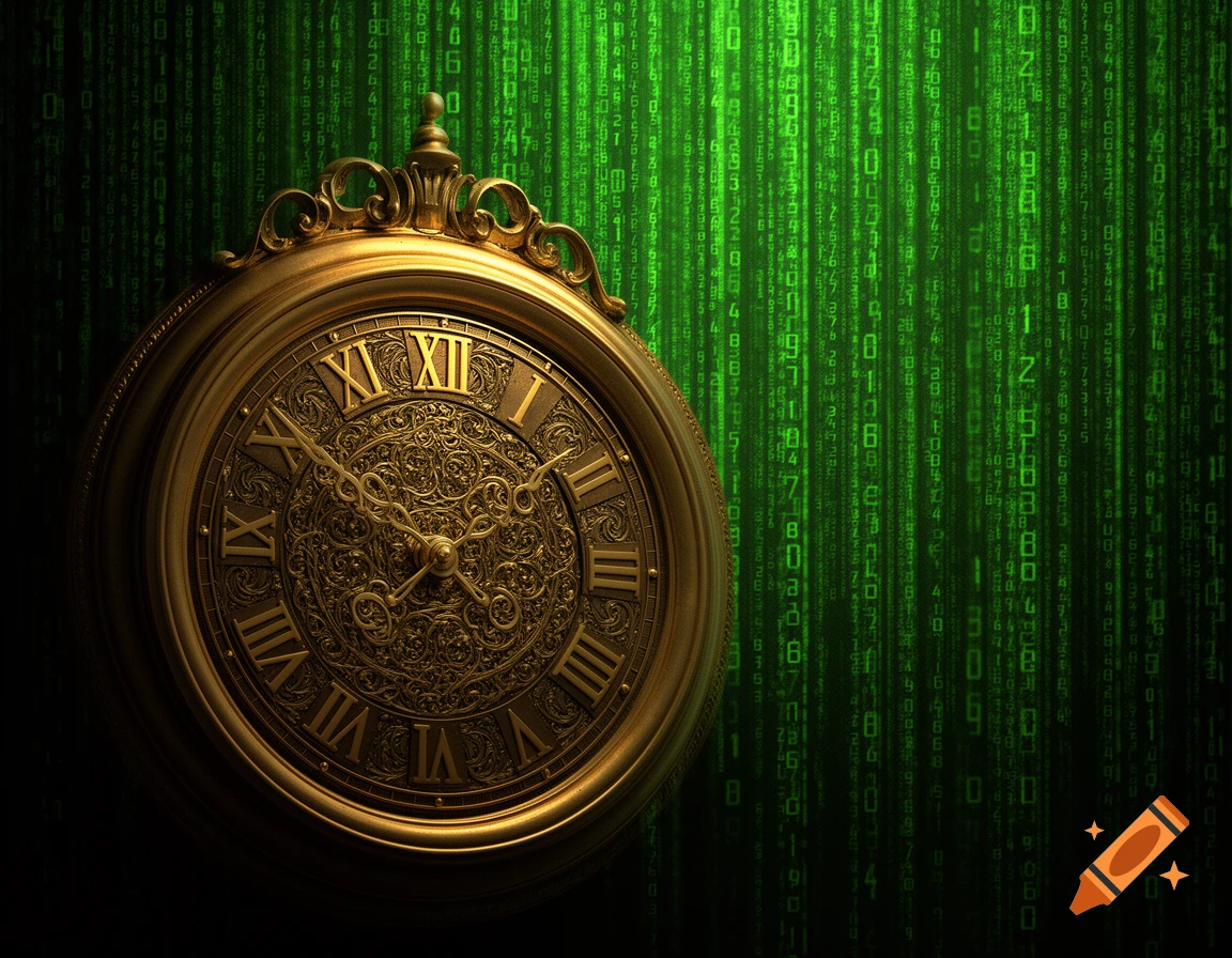 An ornate golden pocket watch with Roman numerals on a dark background with falling green Matrix-style digital code.