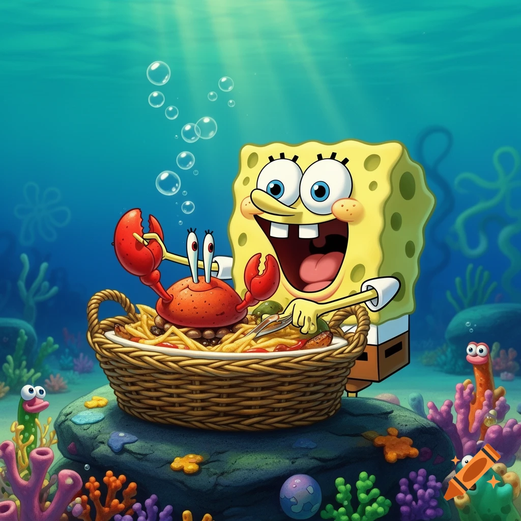 Spongebob Squarepants and Mr. Krabs sharing a basket of spaghetti underwater, with Spongebob holding a fork and Mr. Krabs holding tongs.