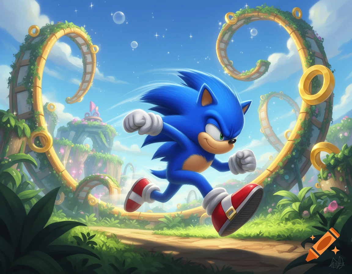 Sonic the Hedgehog speeds through a vibrant Green Hill Zone-like landscape with golden rings and looping paths under a blue sky.