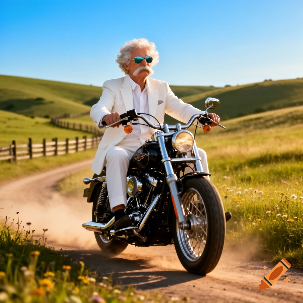A man resembling Mark Twain in a white suit and sunglasses rides a black motorcycle on a dirt road through rolling green hills.