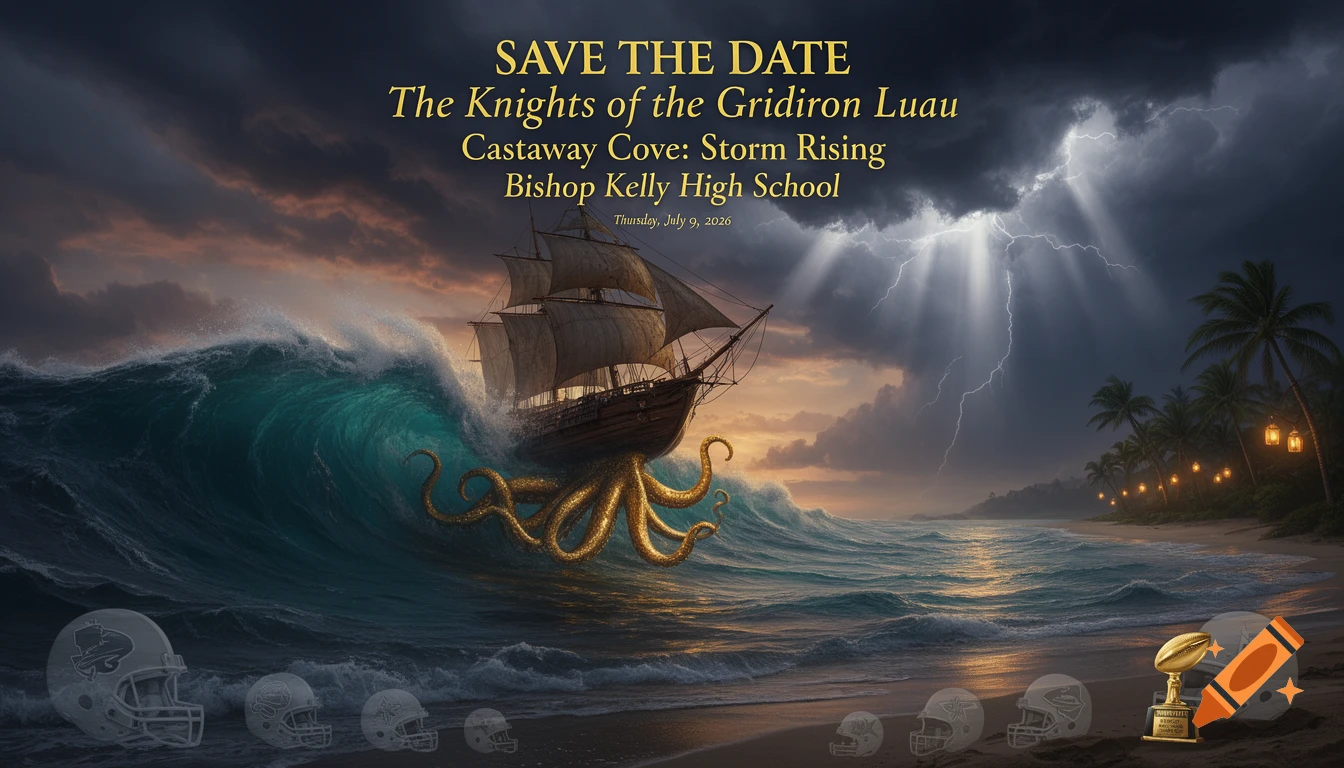 An epic event poster showing a ship with golden octopus tentacles beneath it, rising on a massive wave during a dramatic tropical storm at twilight. Palm trees with glowing lanterns line a distant beach under lightning-streaked clouds. Football helmet and trophy silhouettes are subtle in the foreground sand. Event details are at the top.