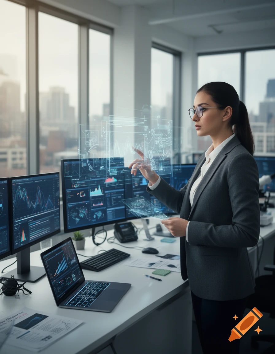 A female data scientist interacts with holographic data projections in a modern office, surrounded by multiple computer monitors displaying graphs and charts.