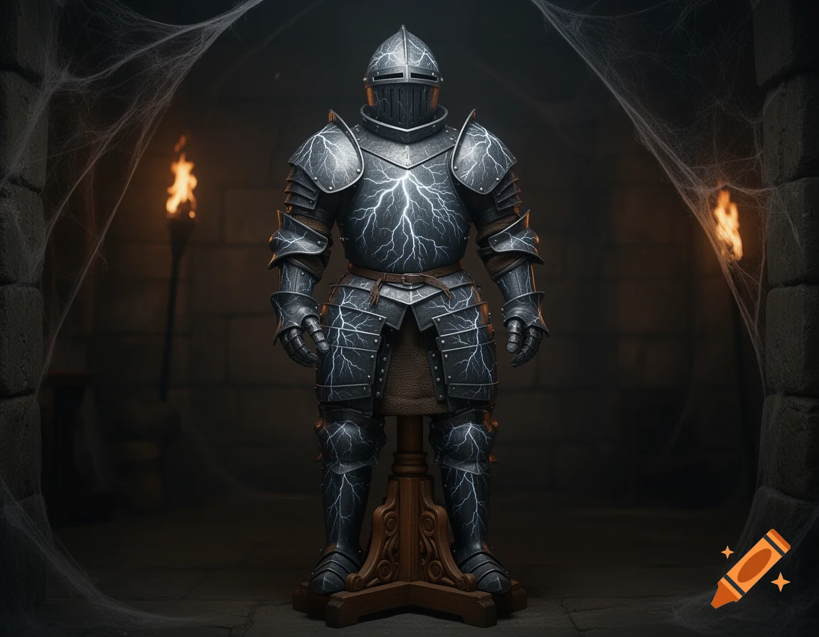 A dark grey suit of full plate armor with white lightning-like lines sits on an oak stand in a dimly lit, cobwebbed dungeon with a torch.