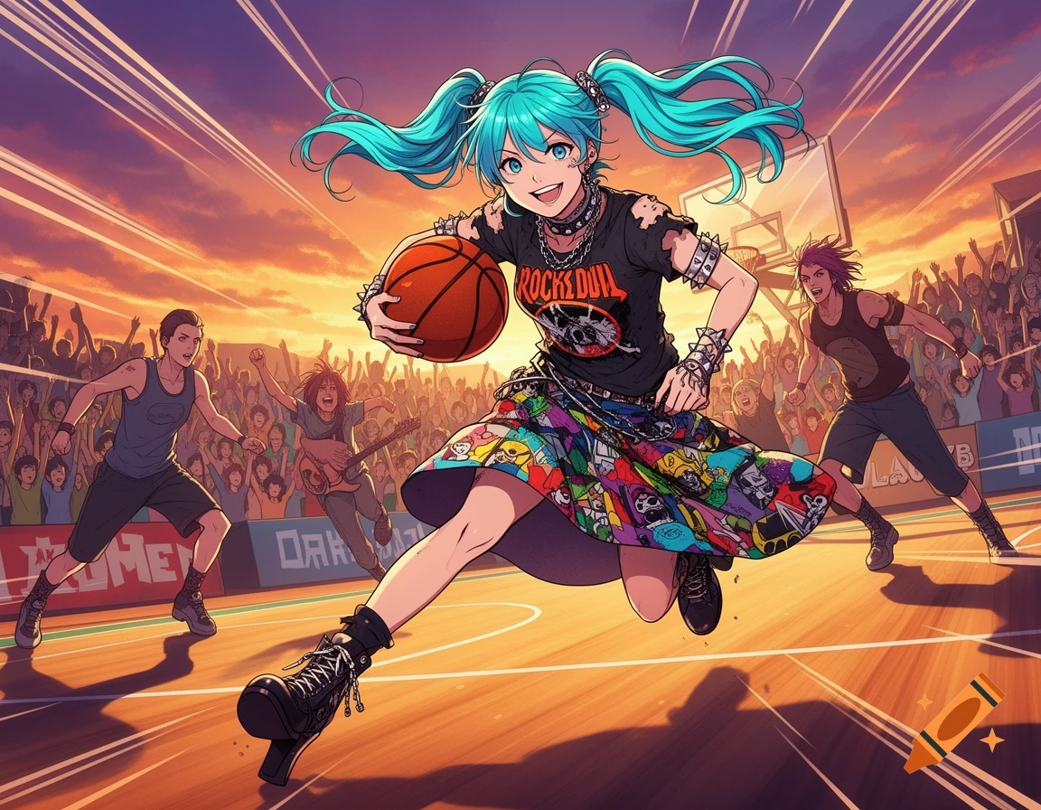 Anime alternative rock girl with teal pigtails dribbling a basketball on a court with a cheering crowd at sunset.