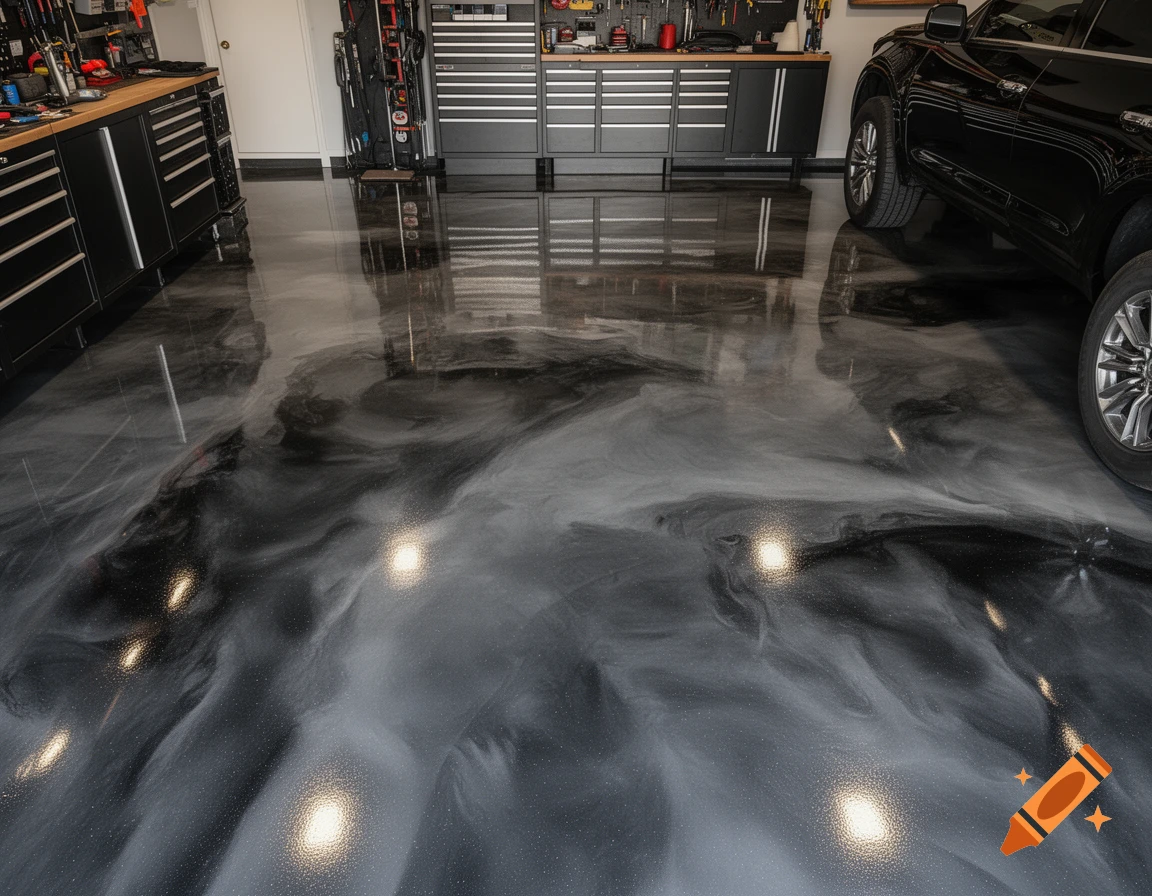A professional photo of a glossy black and gray metallic epoxy garage floor with tool cabinets and part of a black car.