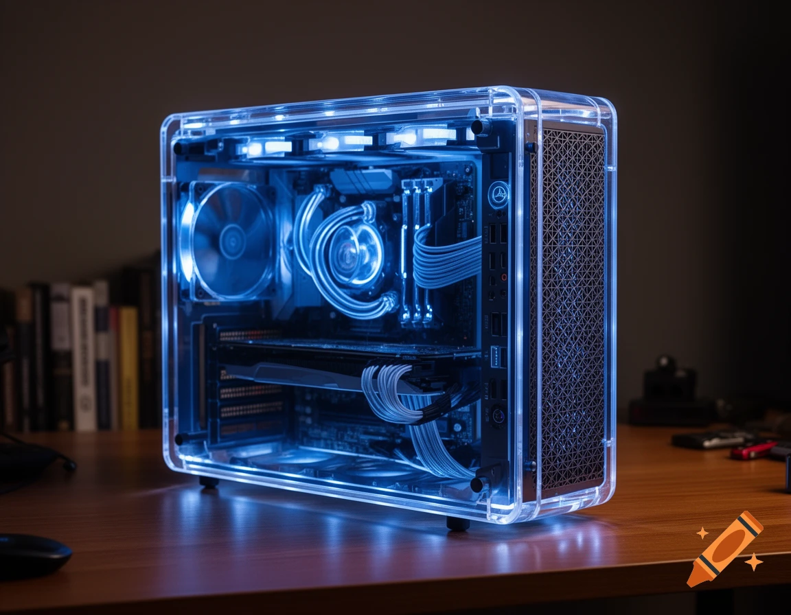 A close-up, photorealistic shot of a high-end desktop computer with a transparent case and glowing blue LED lights inside.