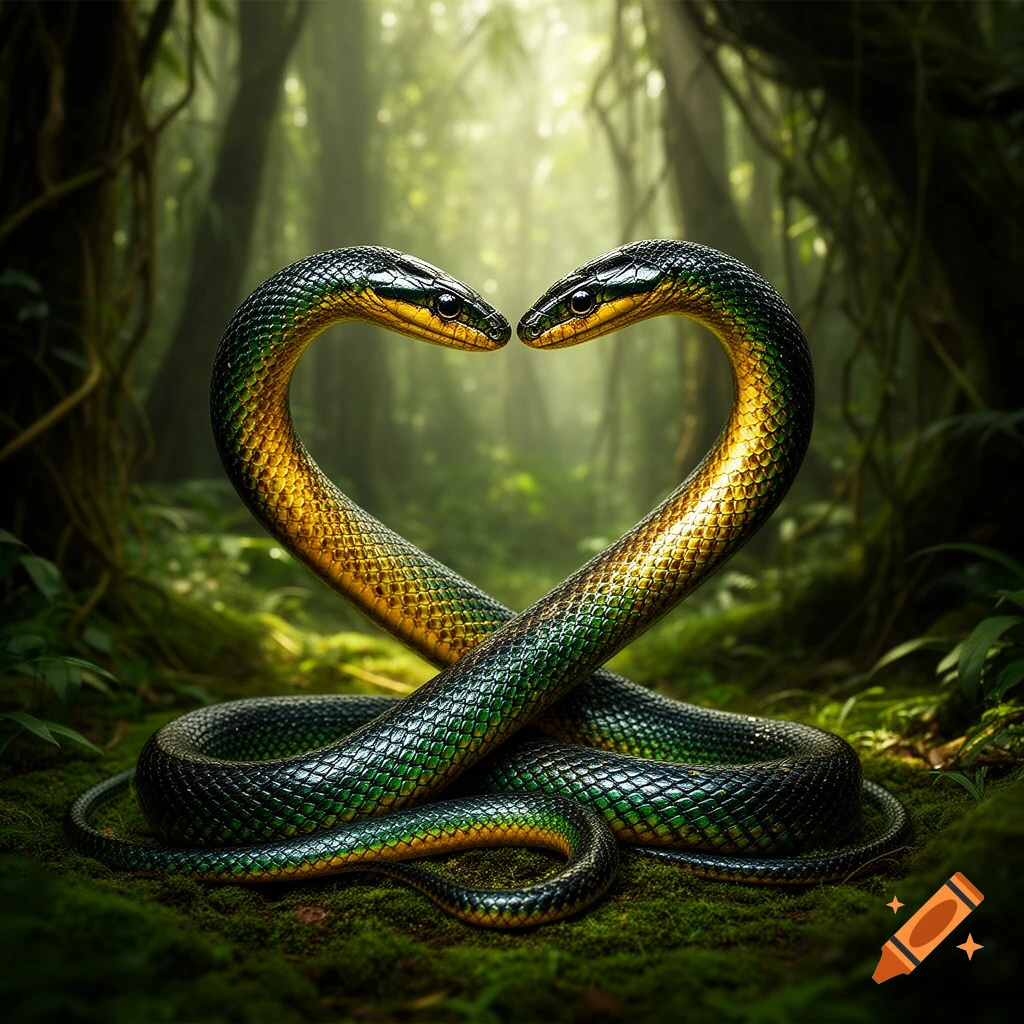 Two green and gold snakes intertwine to form a heart shape in a lush, misty jungle.