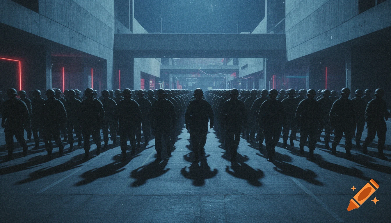 Silhouetted soldiers march through a dark brutalist corridor, lit by cold blue and dim red neon, in a dystopian synthwave style.