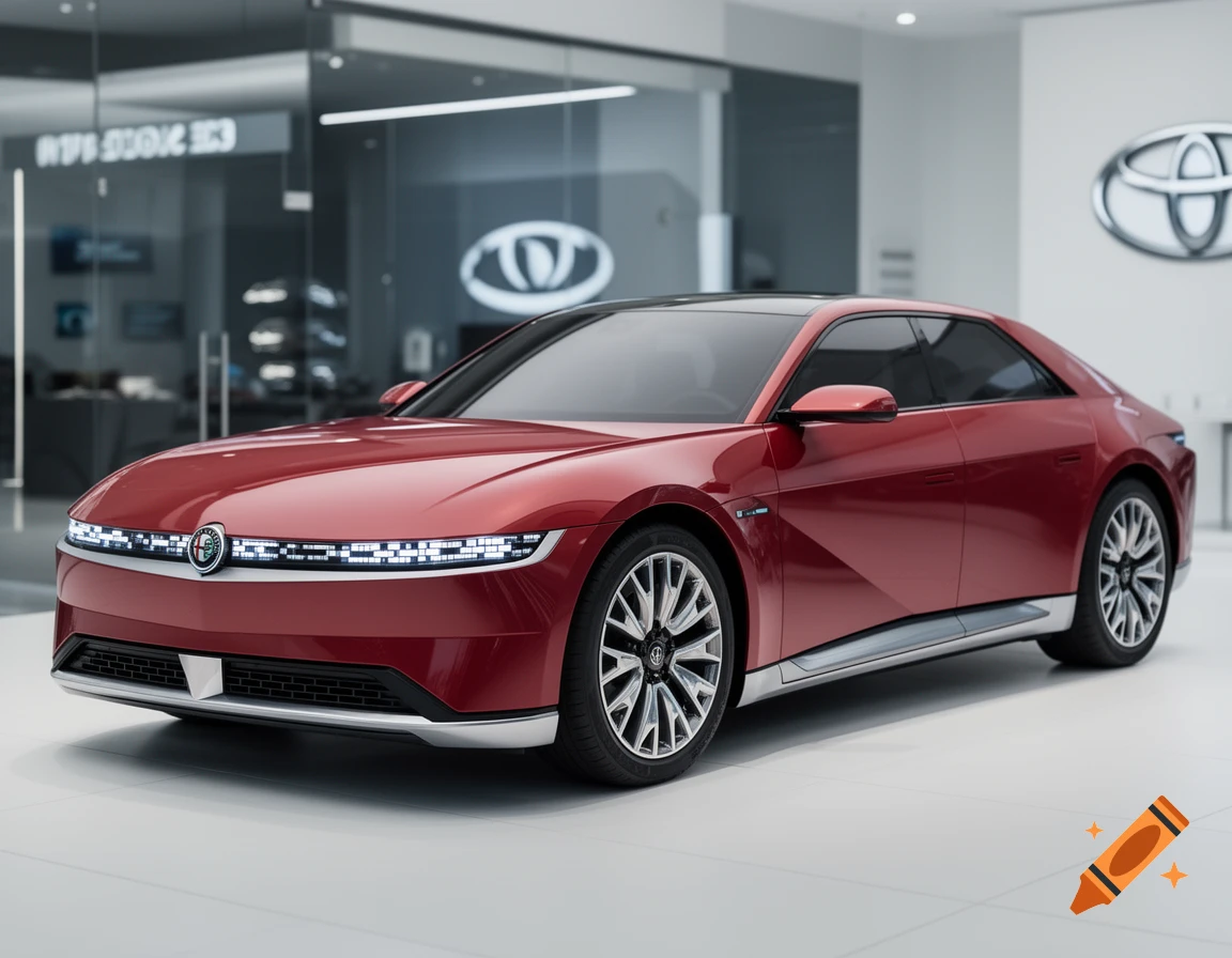 A sleek, modern red sedan, styled like an Alfa Romeo, with unique LED headlights, displayed in a brightly lit car showroom.