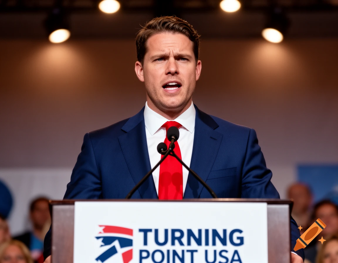 A man in a blue suit and red tie speaks into microphones from a podium with "TURNING POINT USA" on it, under bright stage lights.