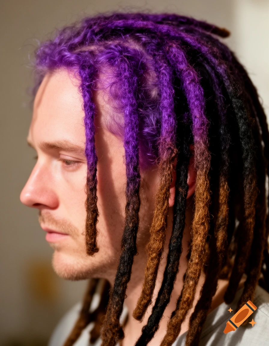 Side profile of a man with vibrant purple roots in his dreadlocks, blending into brown and black tips.