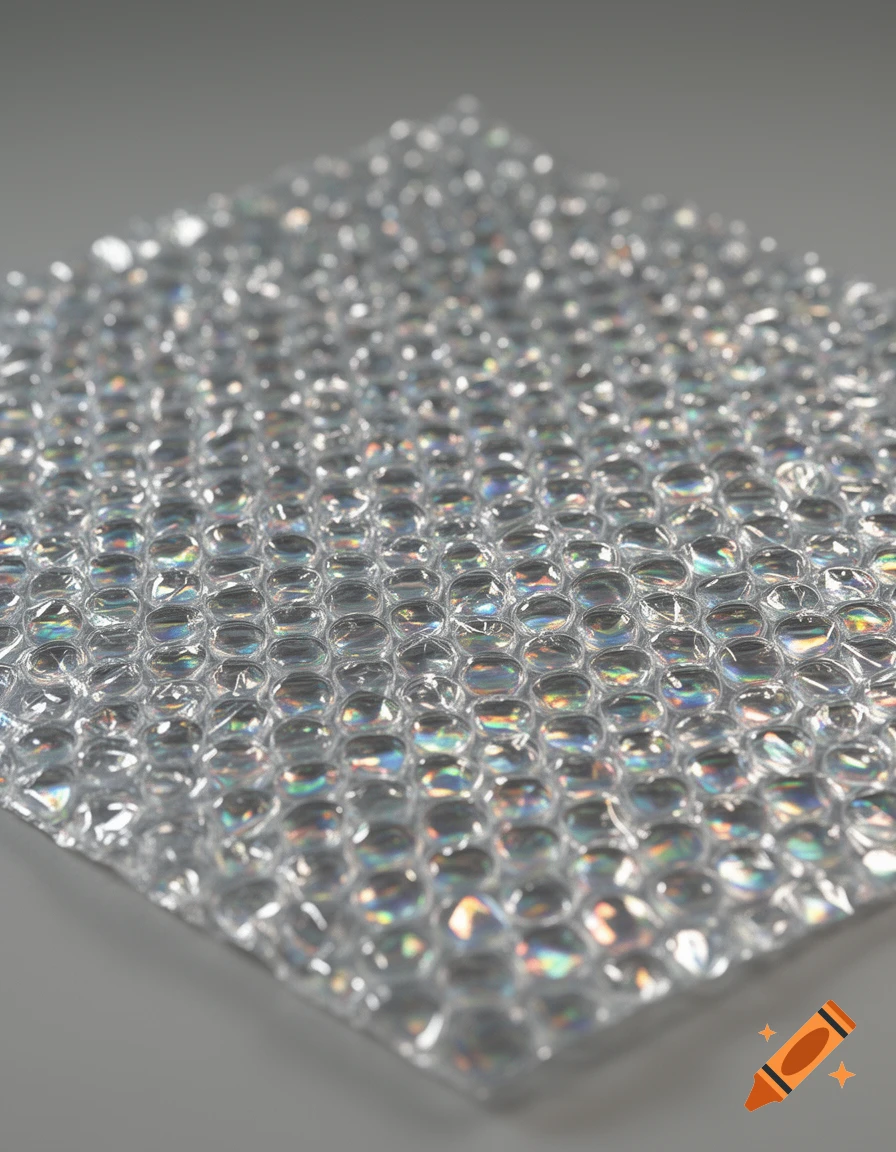 A close-up shot of a highly reflective sheet of clear bubble foil, showing iridescent light on its surfaces.
