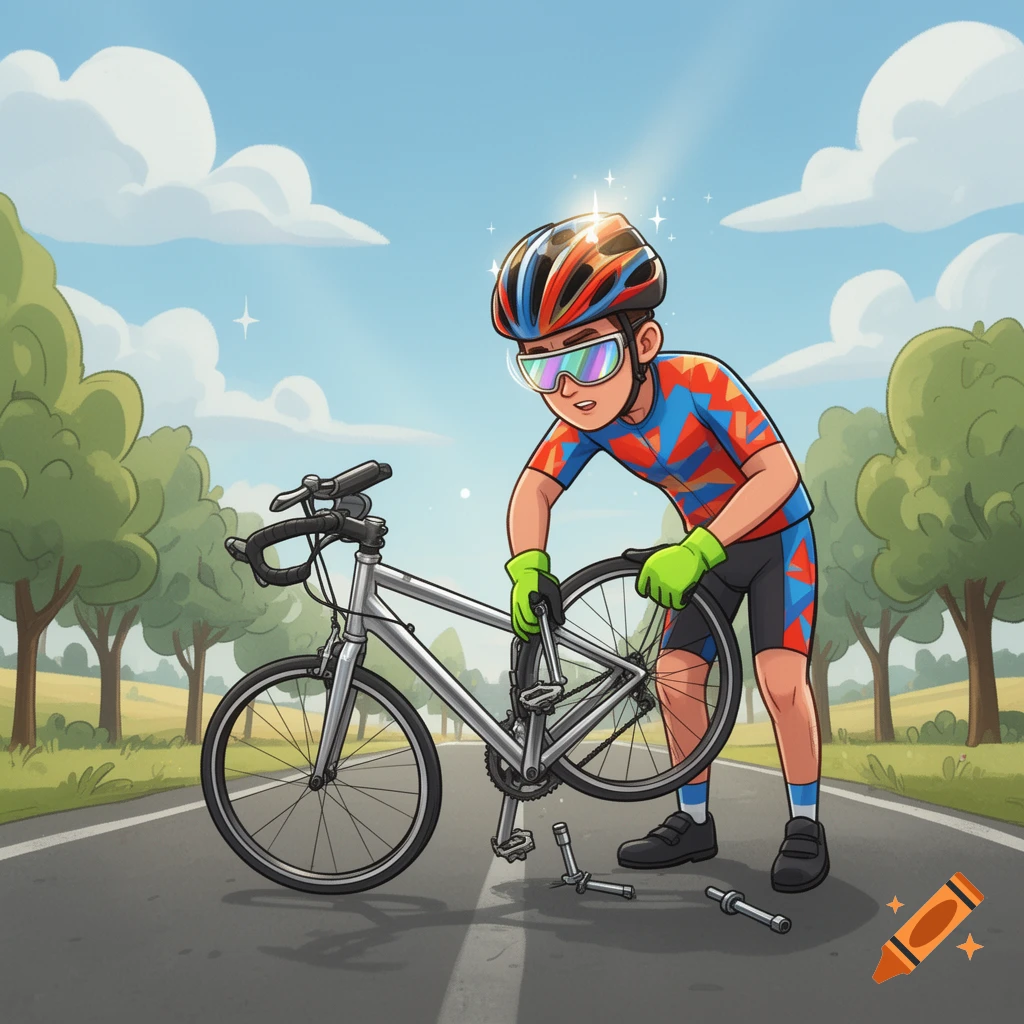 A cartoon cyclist with a colorful helmet and jersey repairs the rear wheel of his racing bike on a road with trees.