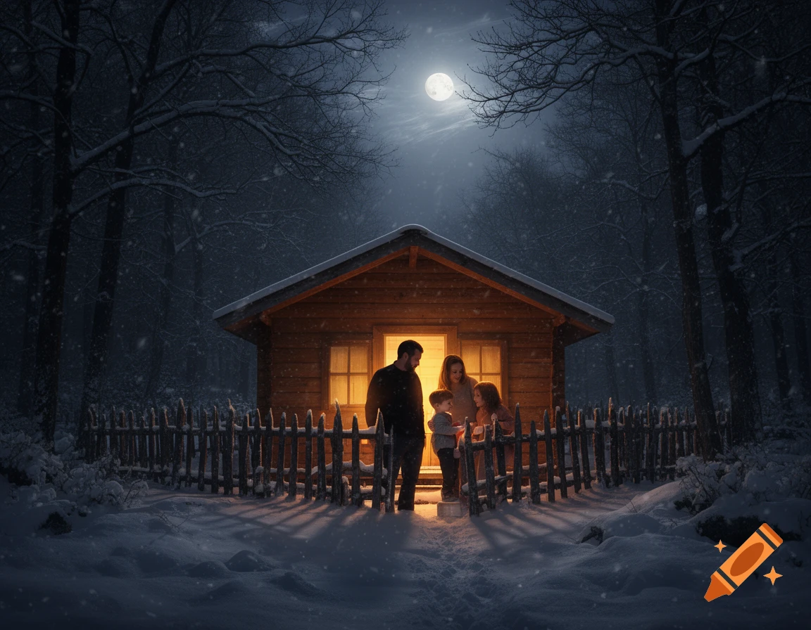 A family stands outside a warm, lit wooden cabin in a snowy forest under a full moon at night, photorealistic.