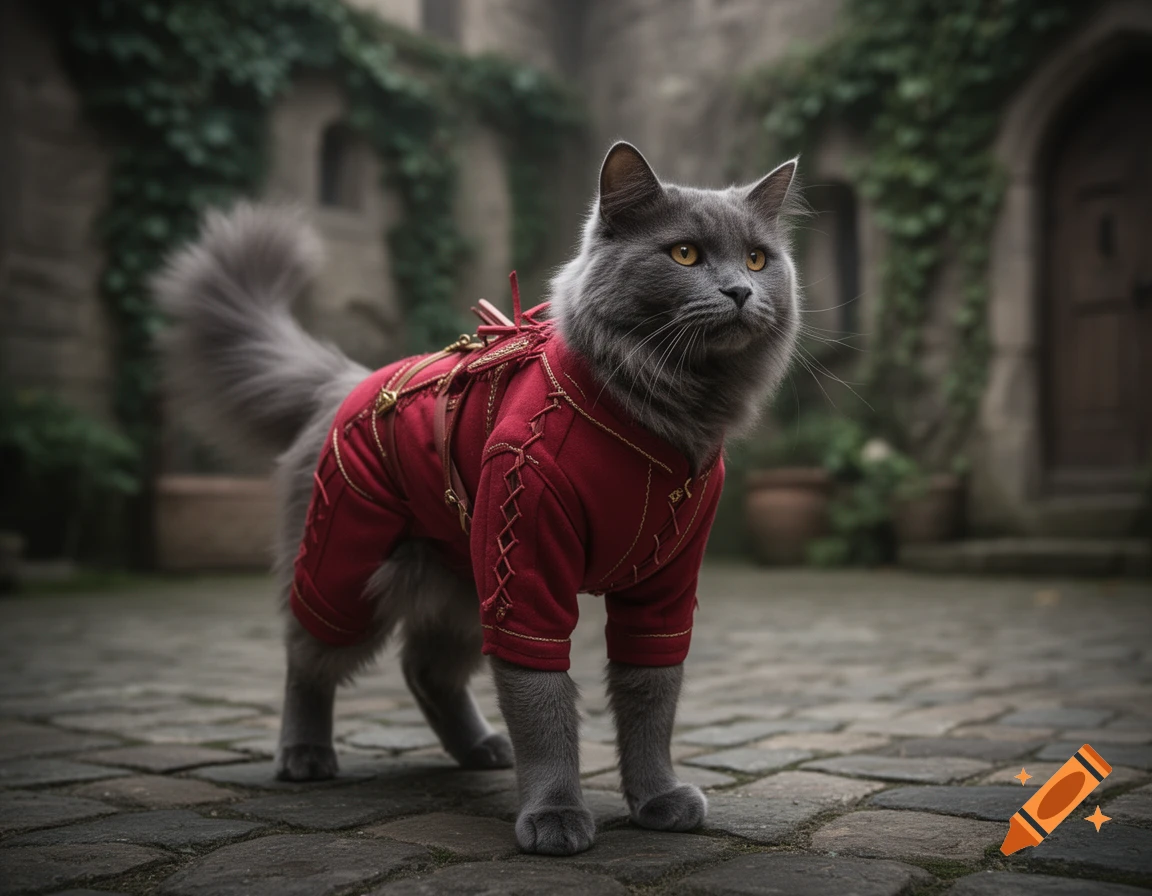 A fluffy gray cat with golden eyes stands on a stone path, wearing a detailed red medieval-style archer's tunic, in a stone courtyard.