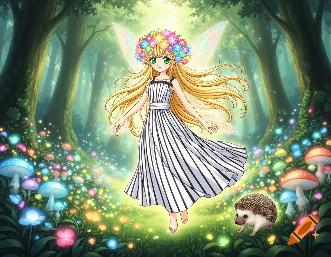 An anime fairy with blonde hair, green eyes, striped dress, and flower wreath in an enchanted forest with a hedgehog, glowing mushrooms, and flowers.