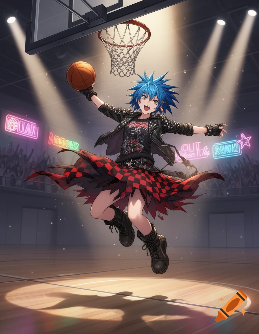 An anime girl with blue spiky hair and a rock outfit dunks a basketball in a stadium under neon lights.