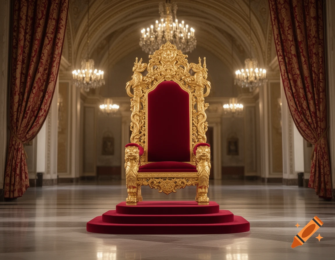 A majestic gold and red velvet throne on a red platform in a grand, opulent hall with chandeliers.