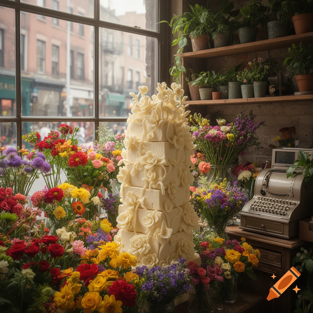 A tall, cream-colored sculpture, possibly tofu, with flower carvings, is surrounded by colorful flower bouquets in a sunlit florist shop.