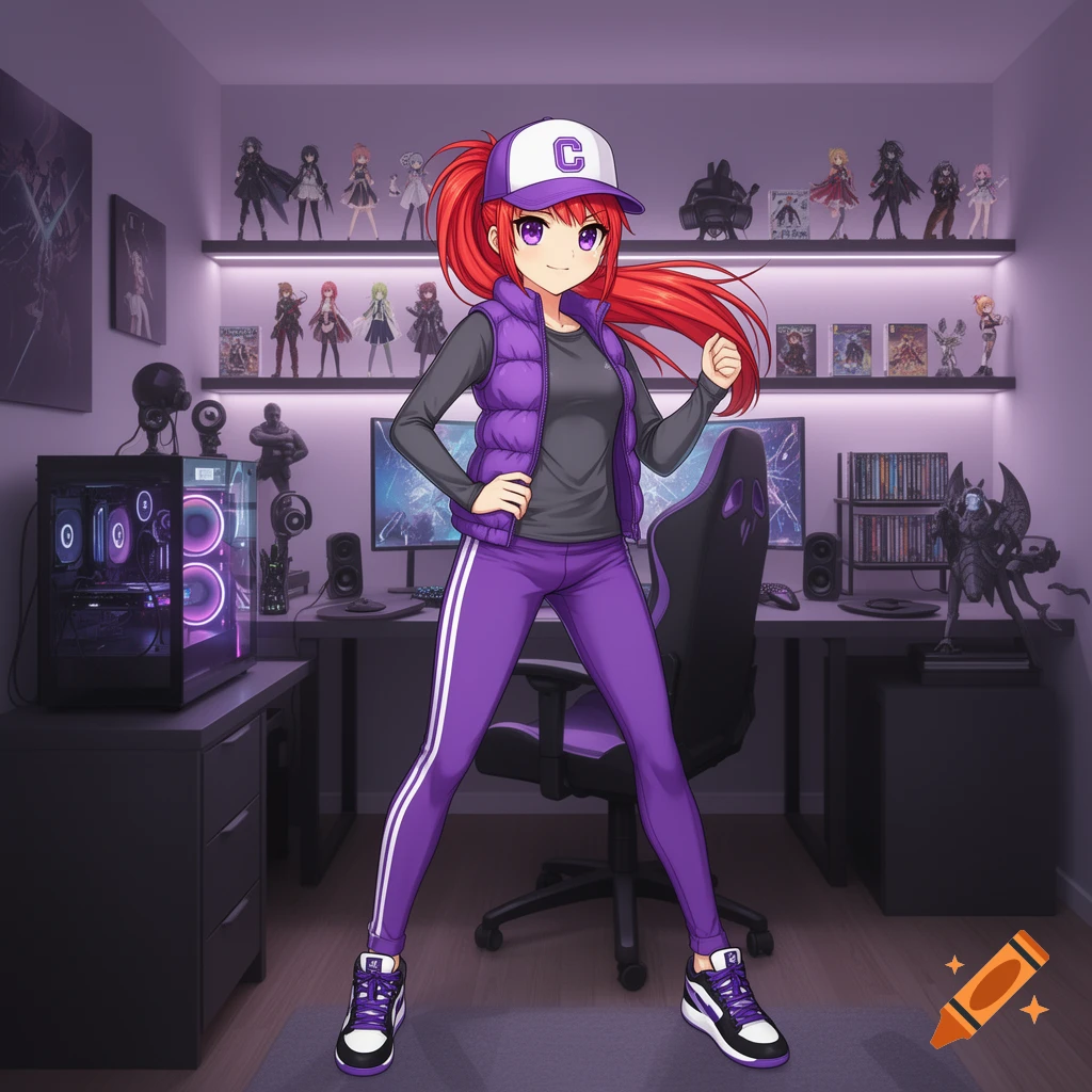 Anime girl with red hair, purple eyes, wearing a purple and white cap and a purple tracksuit, standing in a purple-lit gaming room filled with collectibles.
