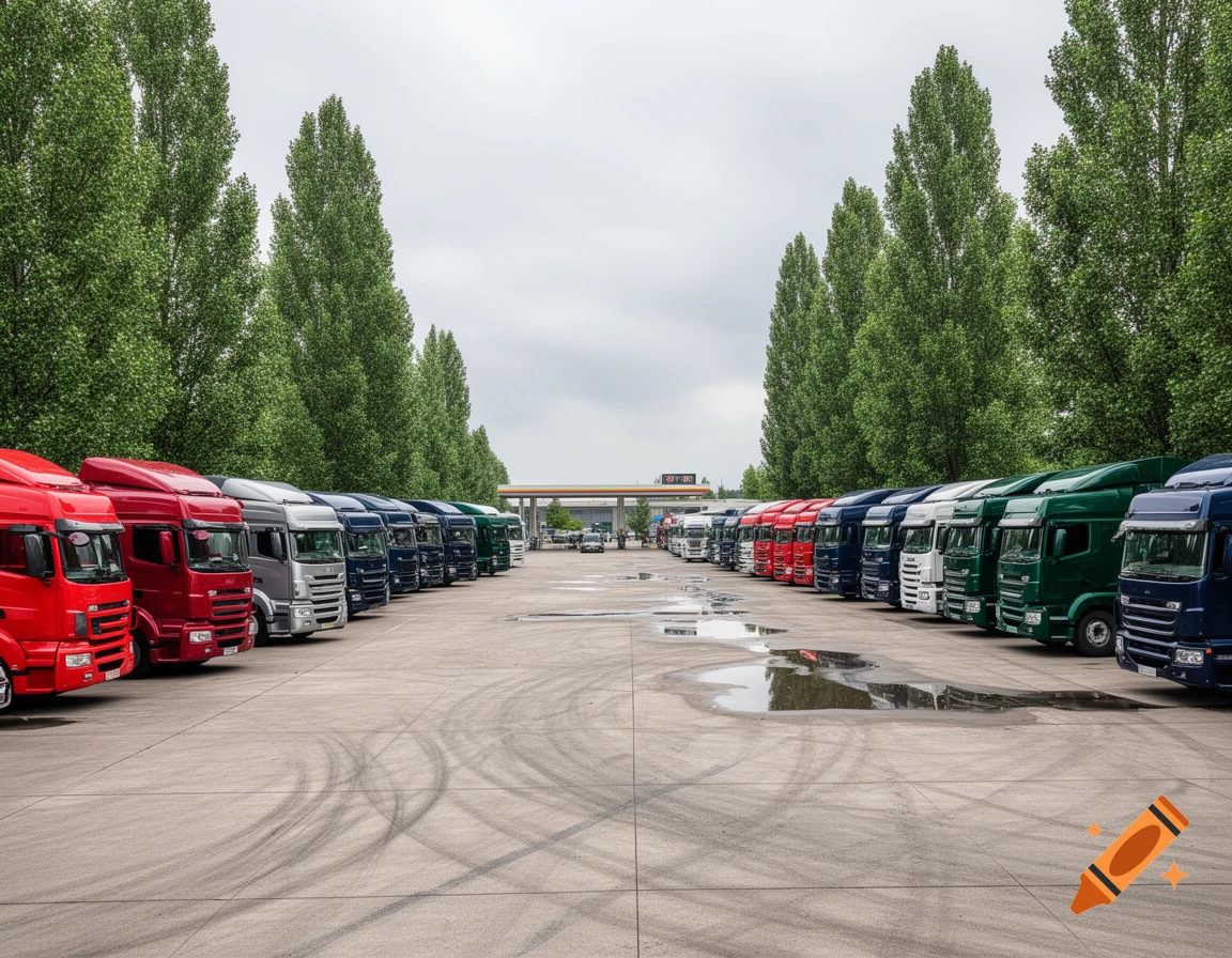Numerous colorful semi-trailer trucks parked in two rows in a large paved lot, with tall green trees and a gas station in the background.