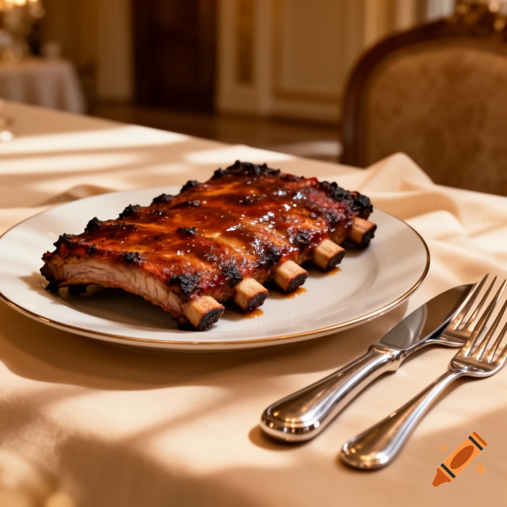 A plate of glazed baby back ribs with a knife and fork on a tablecloth in a dining setting.