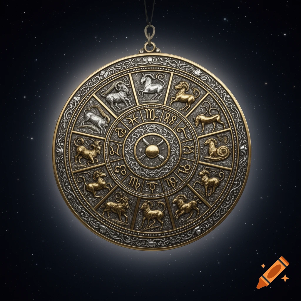 A detailed, ornate gold and silver zodiac wheel pendant with embossed astrological signs and symbols, set against a dark, starry sky.