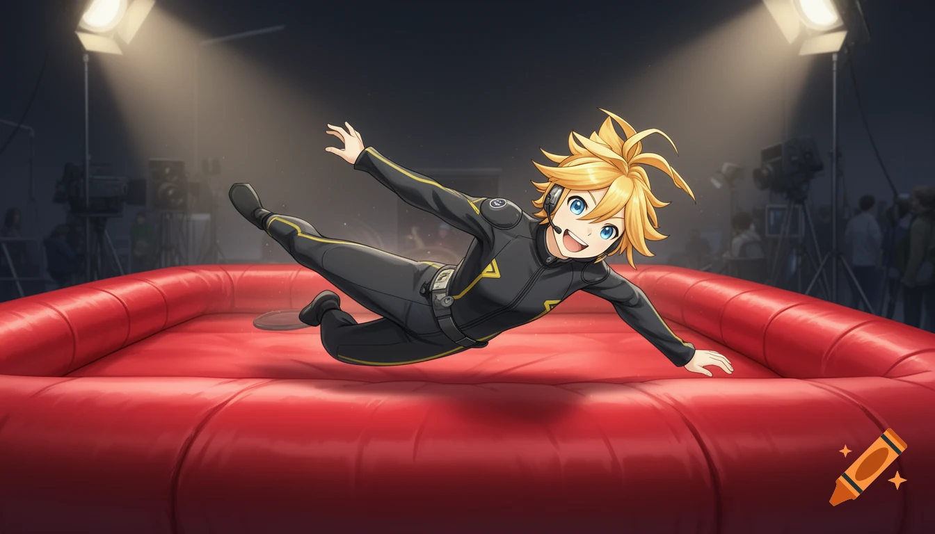 Anime boy Kagamine Len in a black and yellow stunt suit, smiling and floating above a red inflatable mat on a movie set.
