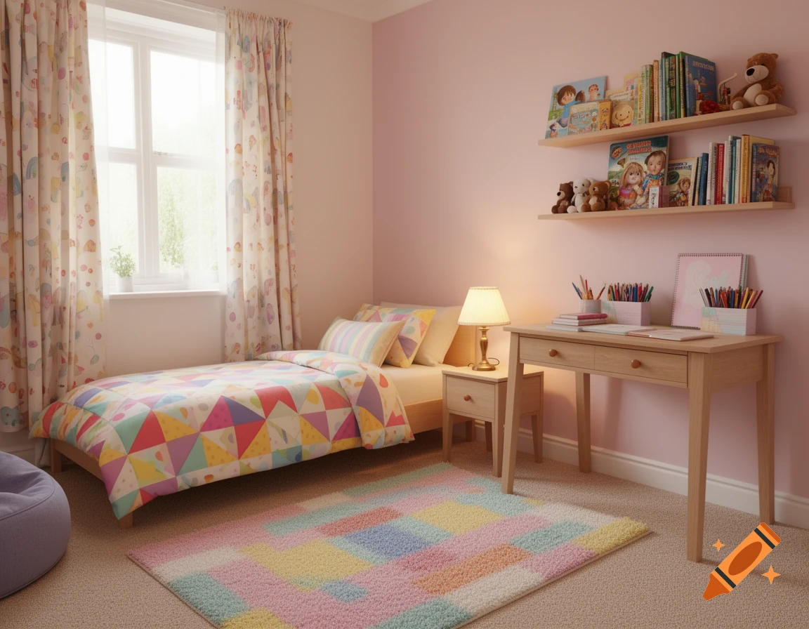 A colorful, well-lit child's bedroom featuring a bed with a geometric patterned duvet, a light wood desk, and shelves filled with books and teddy bears, all against a pale pink wall.