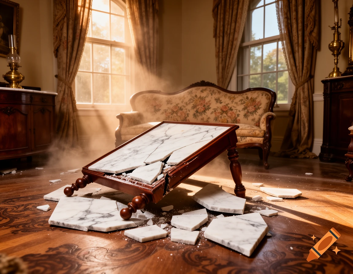 A photorealistic image of an overturned marble-topped table shattered into pieces on the ornate wooden floor of an 1850s parlor, with dust rising.