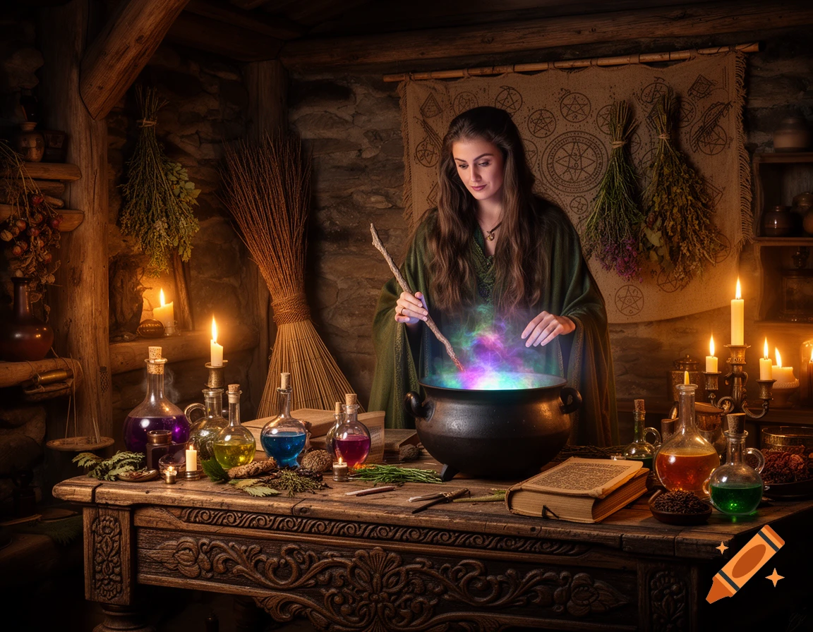 A witch in a dark, candlelit room stirs a glowing cauldron surrounded by potions, herbs, and ancient books. Photorealistic.