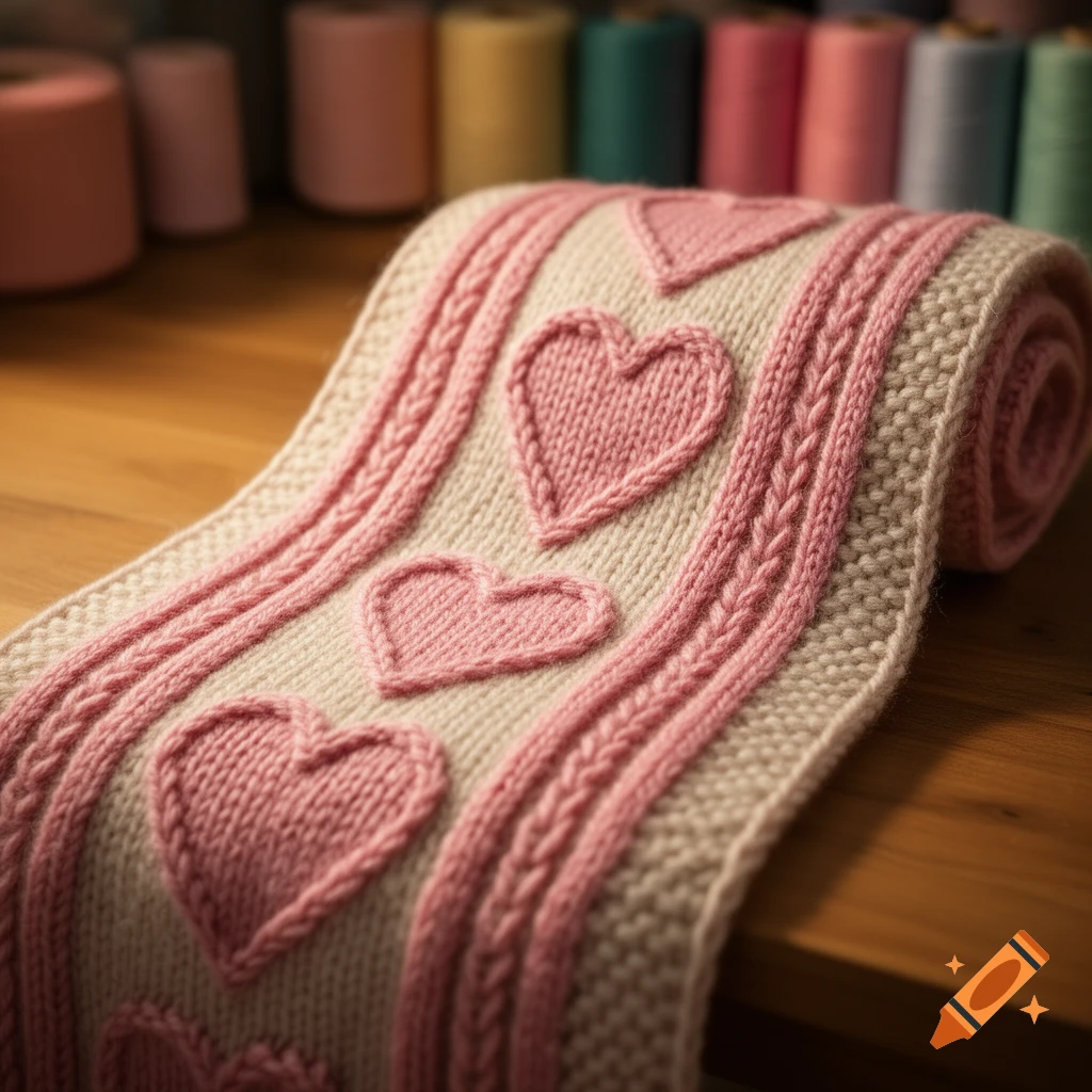 A close-up of a rolled-up knitted scarf featuring pink heart patterns and braided stripes on a light beige background, with colorful yarn spools out of focus in the background.